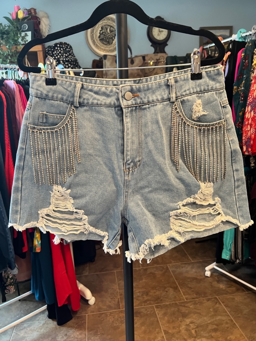 High-Rise Light Blue Denim Shorts with Silver Fringe Chains